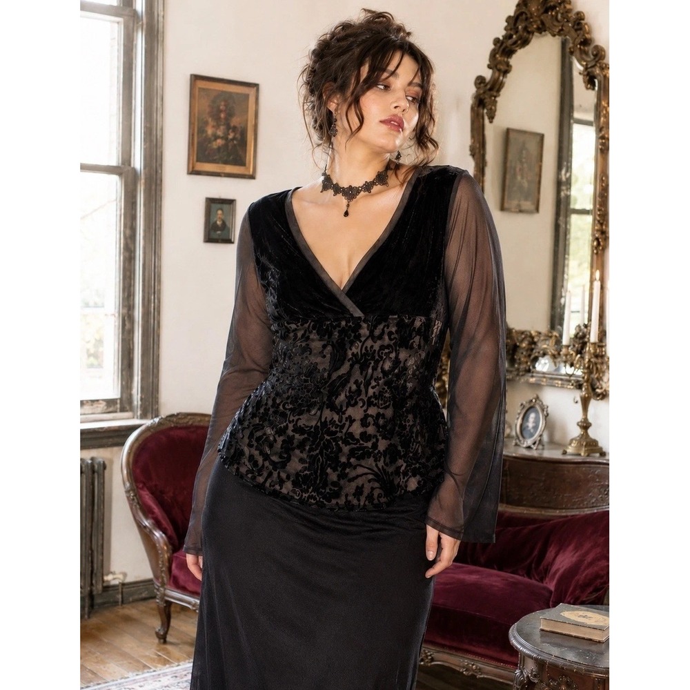 Y2K Black Burnot Velvet Mesh Silk Baby Doll Top Romantic Goth Whimsygoth Size 14